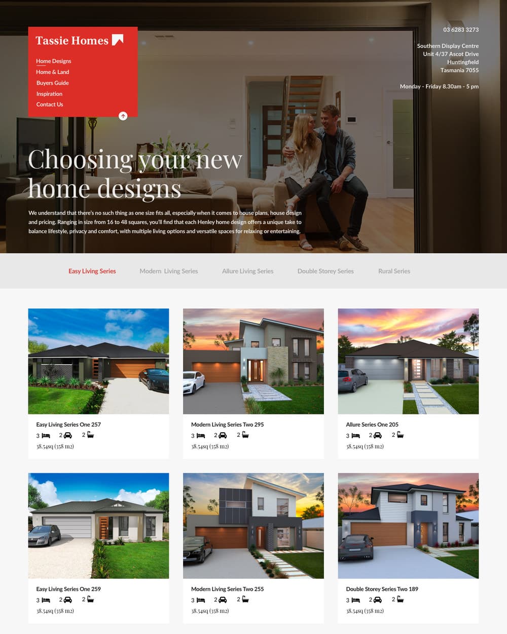 The home designs page: a grid of house plans, each with a render, a name, and bedroom, bathroom and car space counts.
