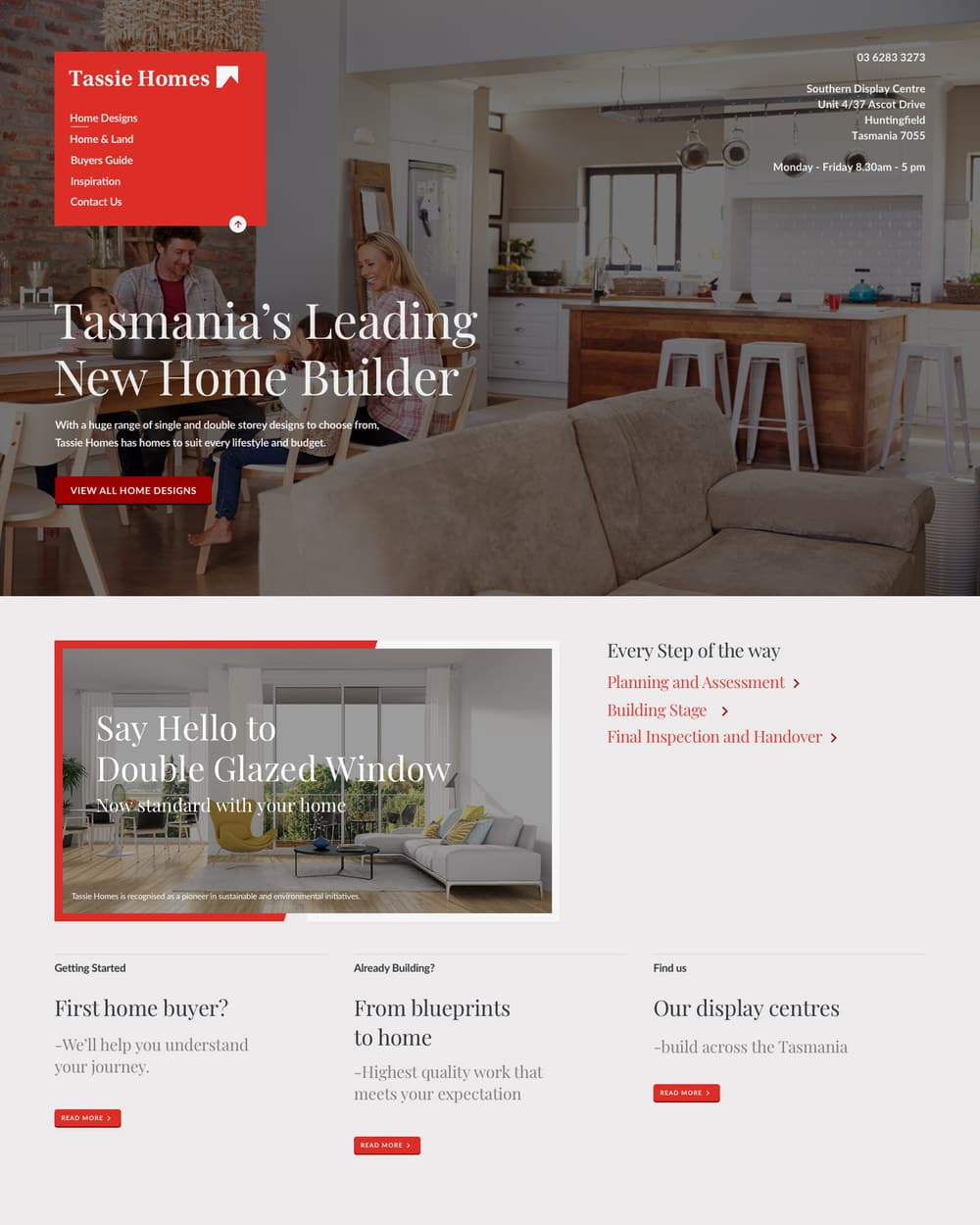 The homepage with a hero photograph of a family at home, a View All Home Designs button, and a panel headed 'Every step of the way' listing planning and assessment, building stage, and final inspection and handover.