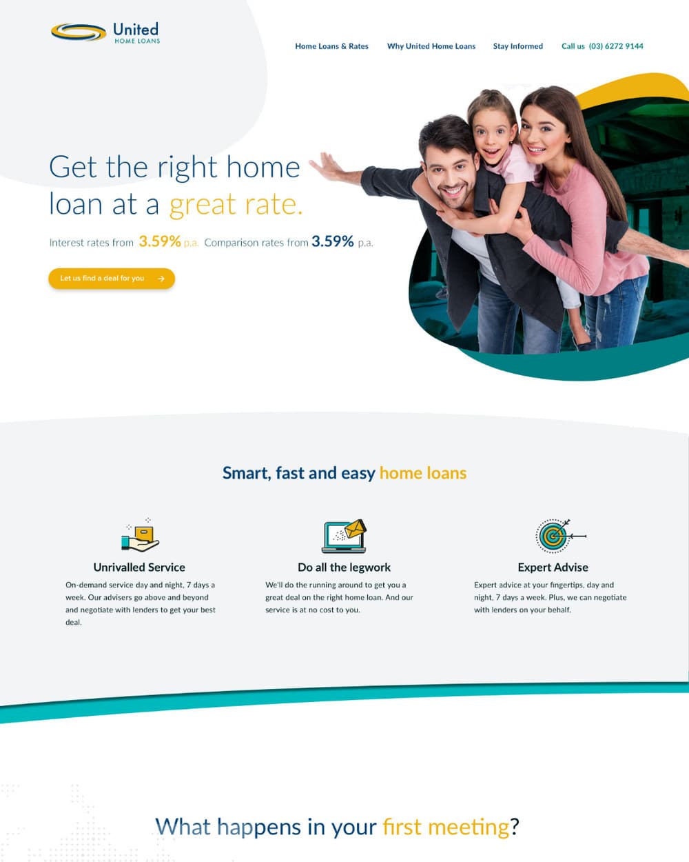 The United Home Loans homepage with the brand mark, navigation for home loans and rates, why United, and stay informed, and a phone number.