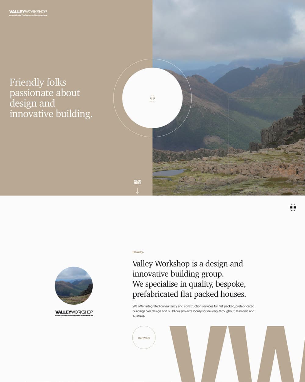 The Valley Workshop homepage: a split of warm stone colour and a photograph of a Tasmanian mountain range, with the line Friendly folks passionate about design and innovative building.