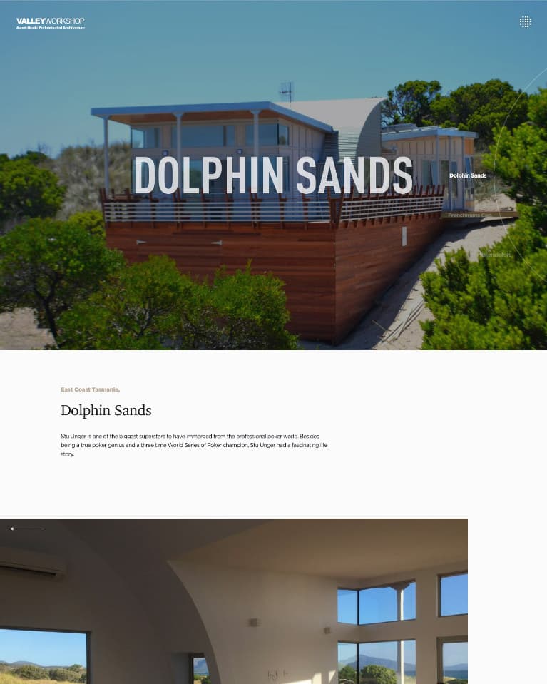 The portfolio page showing completed houses photographed in the landscape.