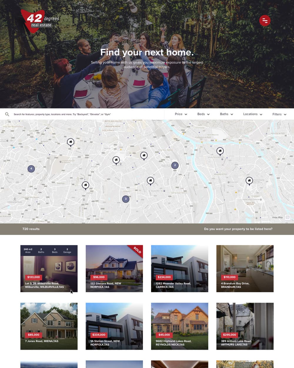 The 42 Degrees property search: a hero photograph of friends at a table, a search field suggesting backyard, elevator or gym, and a map covered in clustered property pins above a grid of listings.