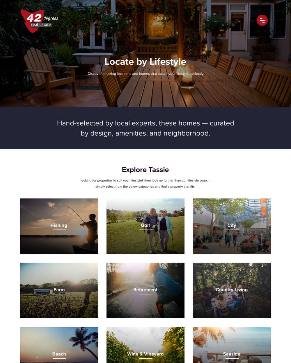 A lifestyle listing page showing properties grouped by the kind of life they suit rather than by suburb.