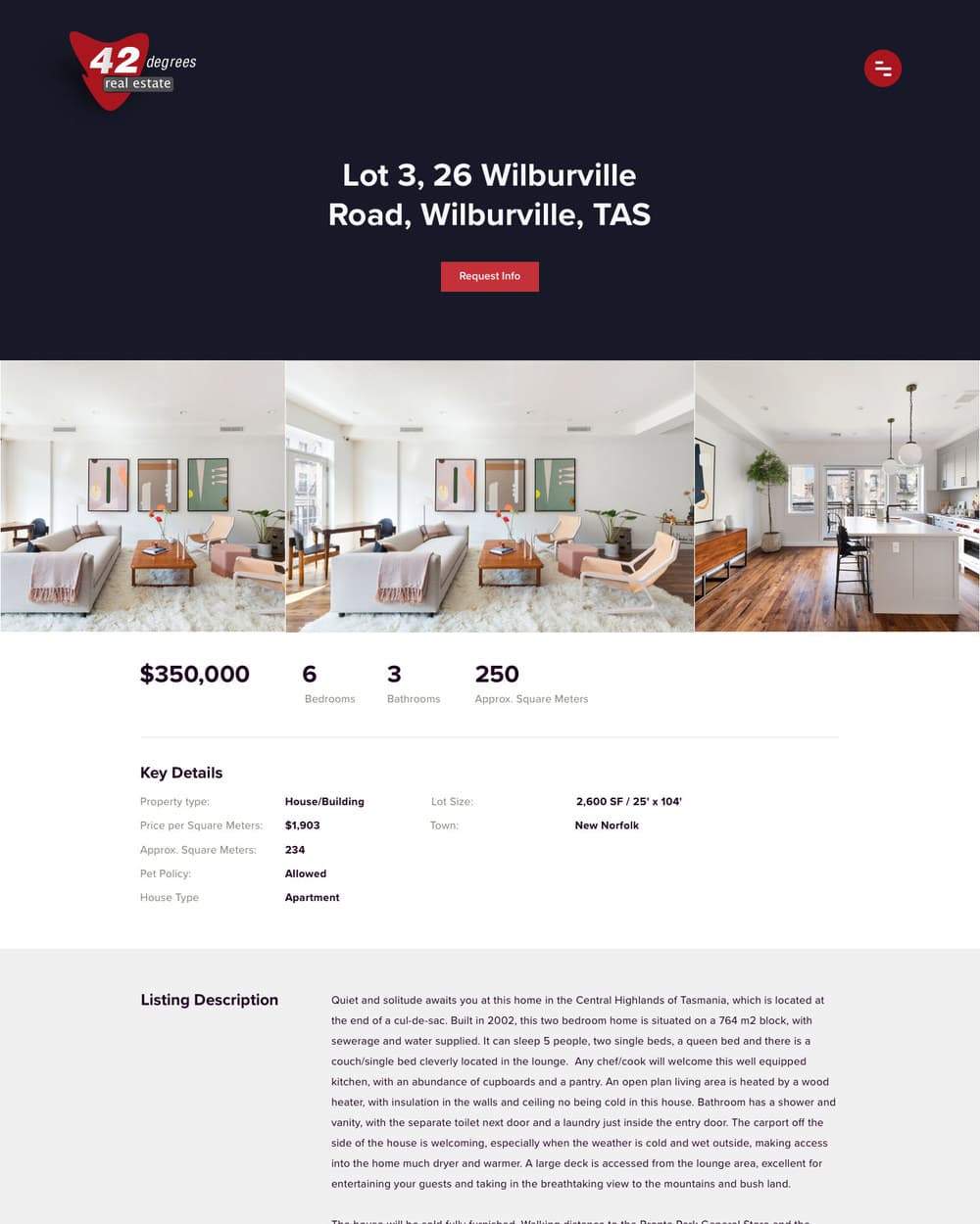 A property detail page: a large photograph of the house, the price and address, and a row of statistics for area, bedrooms, bathrooms and garage.