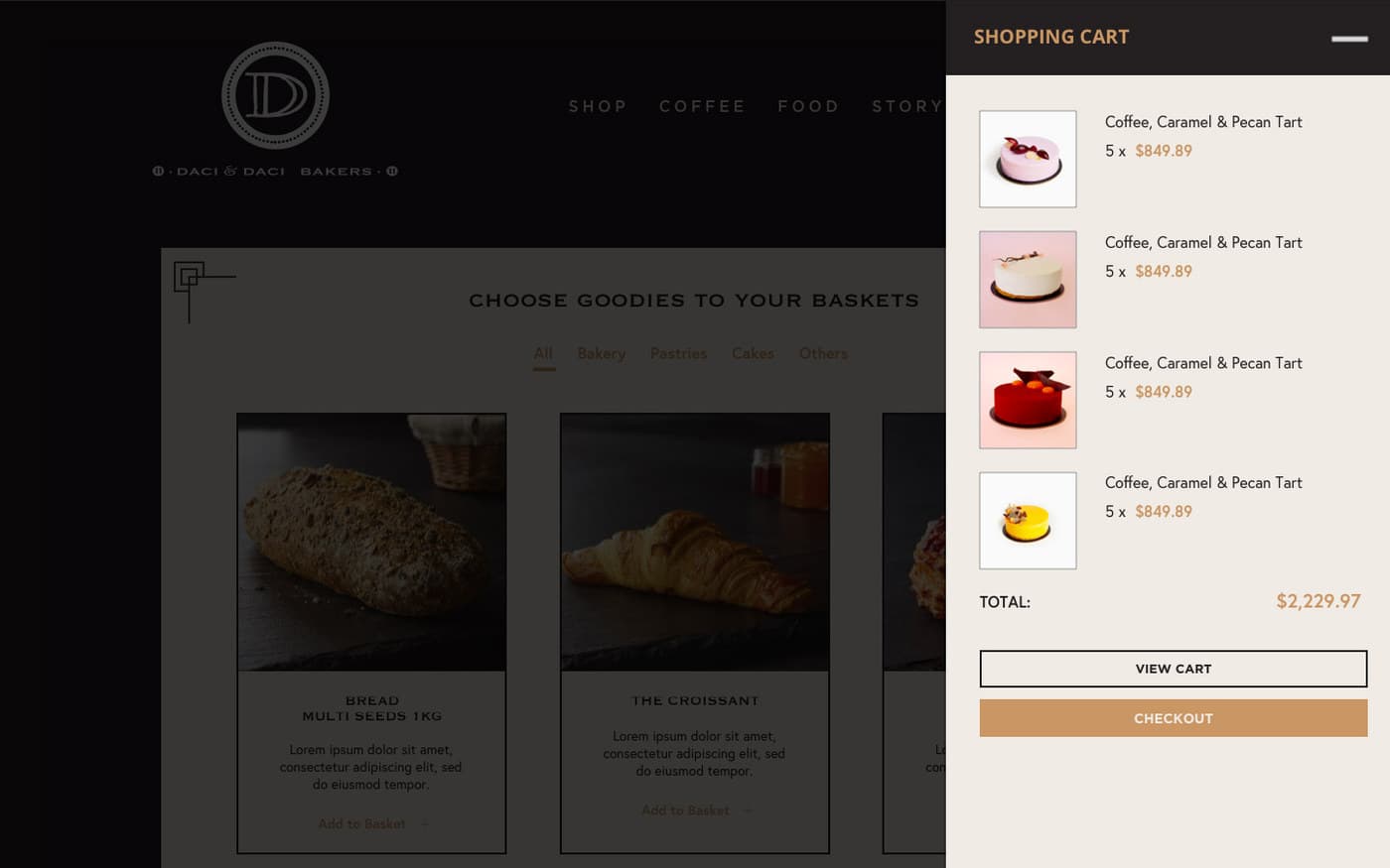 A shopping cart sliding in over the shop page, listing four cakes with quantities and a running total, with View Cart and Checkout buttons.
