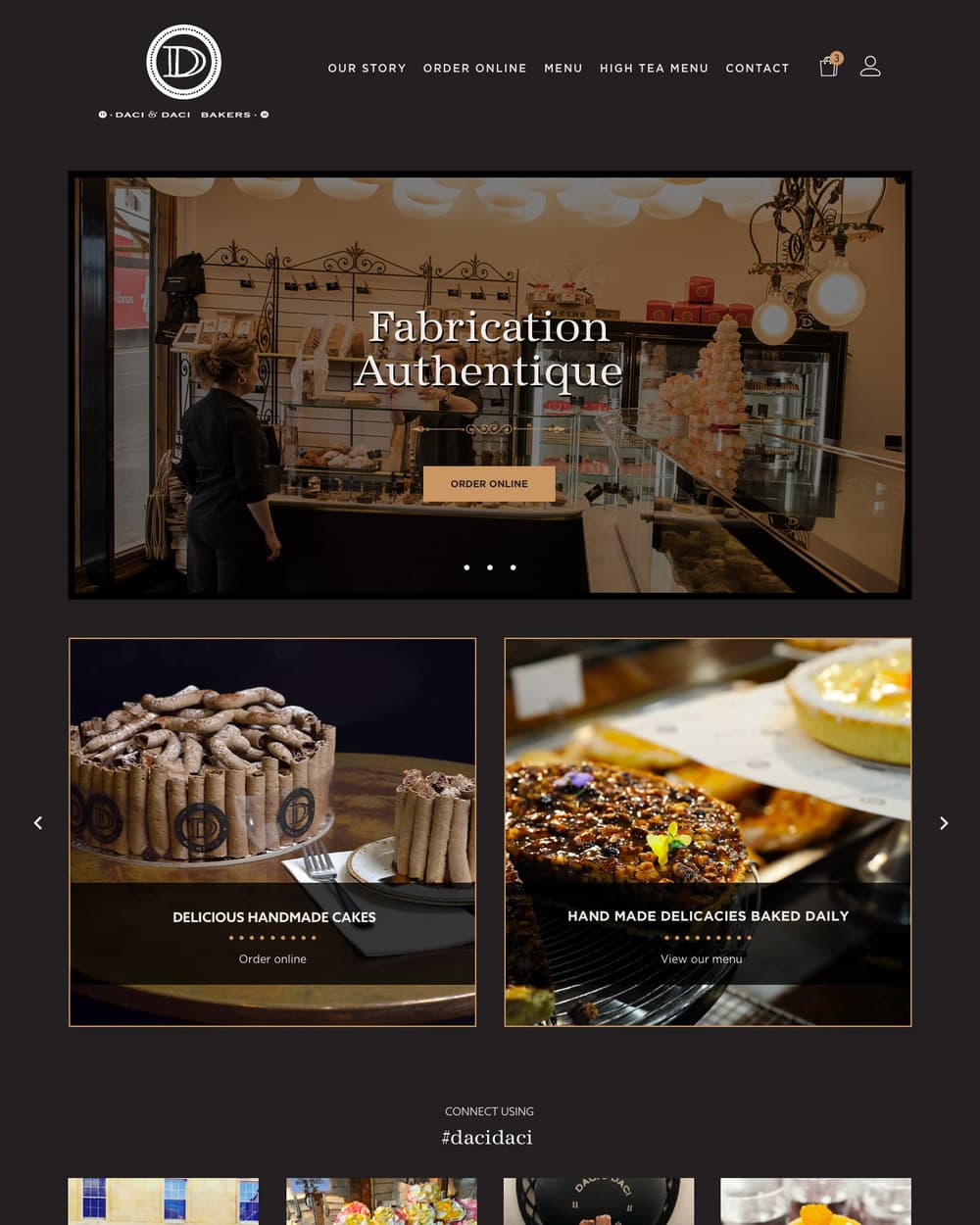 The homepage: a full-width photograph of the patisserie counter with the line 'Fabrication Authentique' and an Order Online button, above two panels for cakes and daily delicacies.