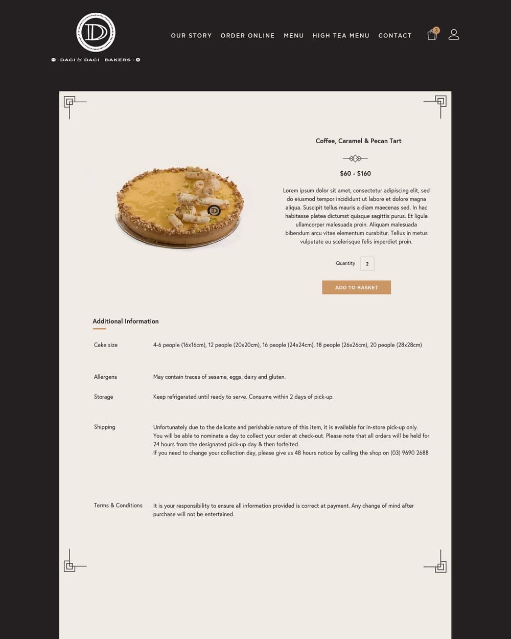 A product page for a coffee, caramel and pecan tart, priced $60 to $160, with an Additional Information table listing cake sizes, allergens, storage and a pick-up only shipping note.