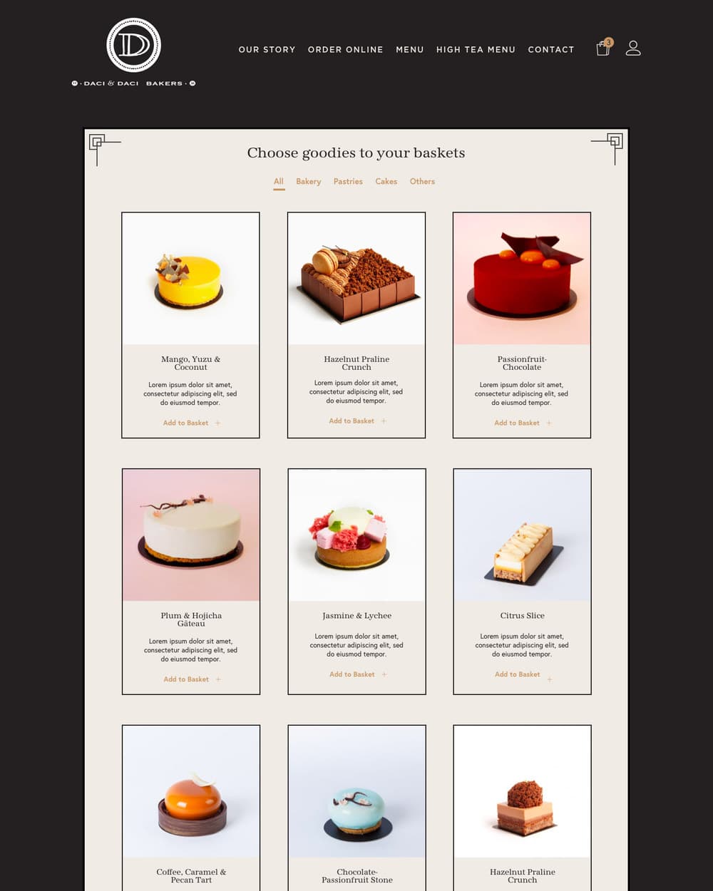 The shop page headed 'Choose goodies to your baskets', with filters for All, Bakery, Pastries, Cakes and Others, over a grid of dark product cards.