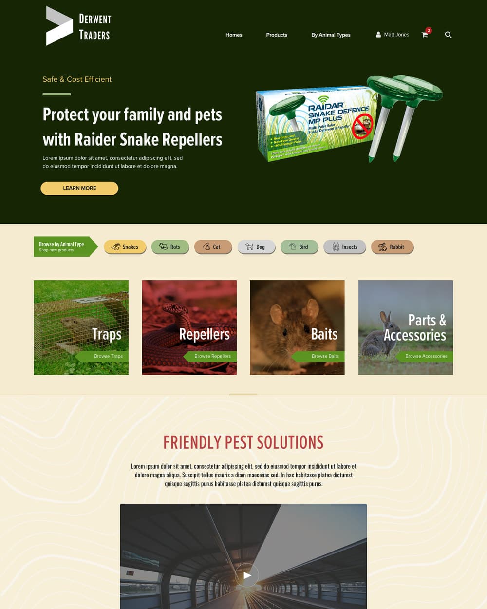 The Derwent Traders homepage on a dark green ground: a snake repeller product hero, then a Browse by Animal Type row of snakes, rats, cat, dog, bird, insects and rabbit, above cards for Traps, Repellers, Baits and Parts and Accessories.