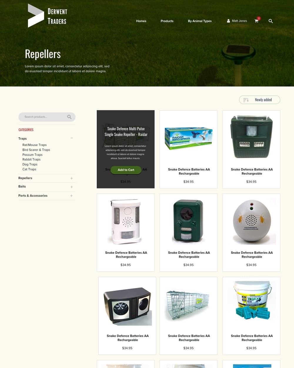 A products listing page showing a grid of traps, repellers and baits with prices.