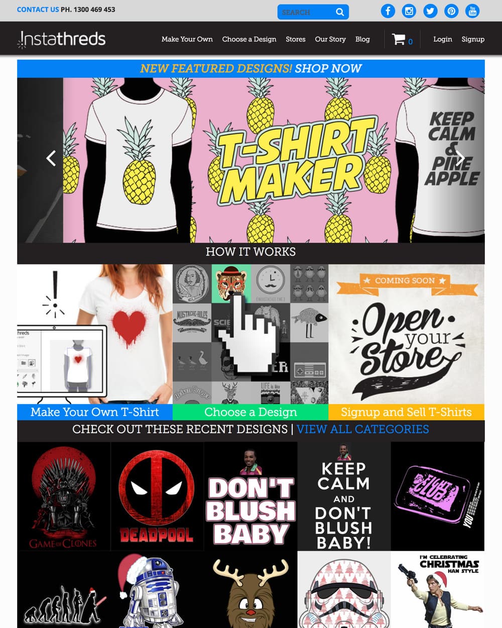 The Instathreds homepage: navigation for make your own and choose a design, a T-Shirt Maker banner showing printed pineapple shirts, and a How It Works band below.