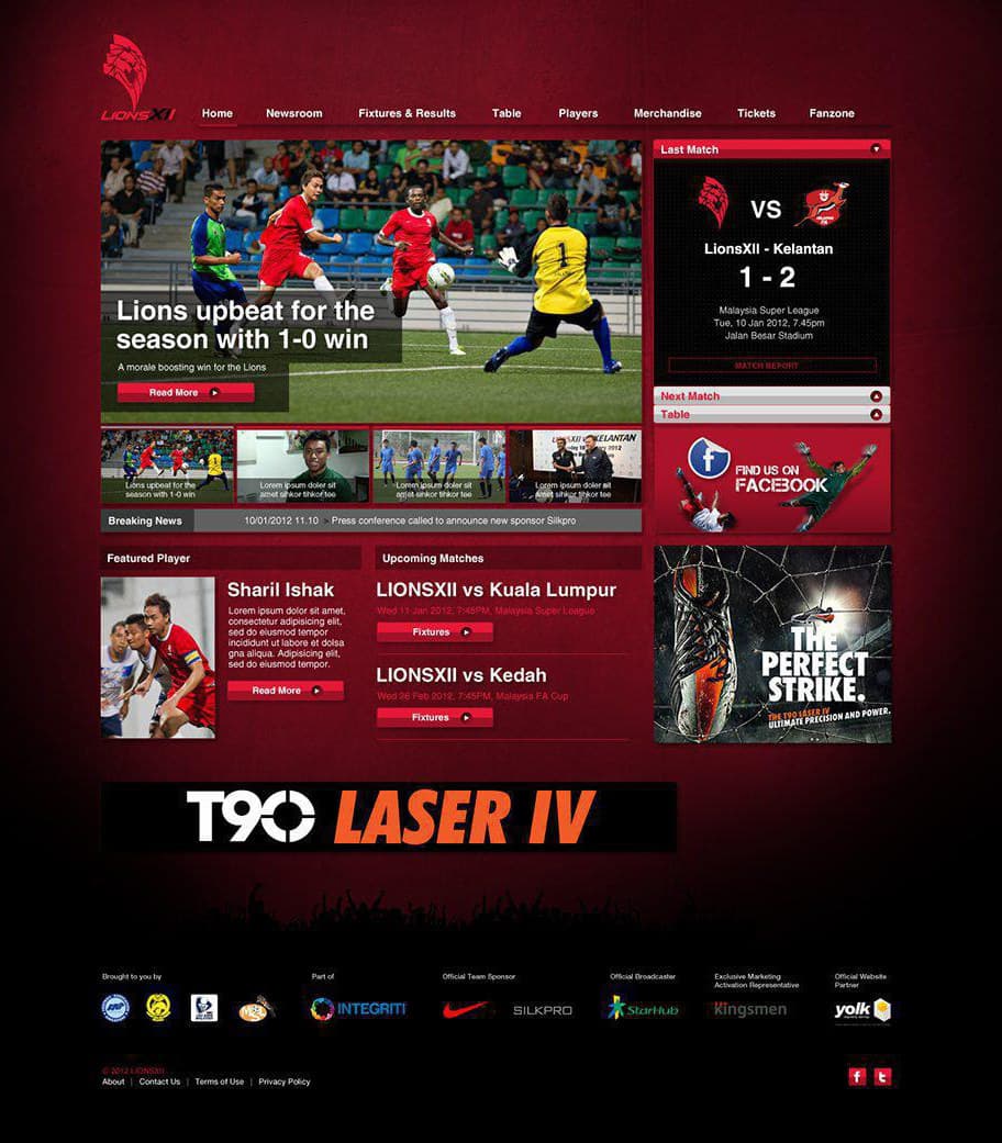 The LionsXII homepage: navigation for newsroom, fixtures, table, players, merchandise, tickets and fanzone, a hero match report, a breaking news ticker, and Last Match, Next Match and Table panels.