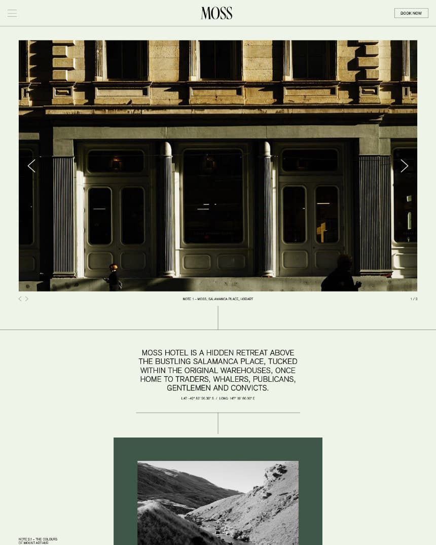 The Moss homepage: a wide photograph of the warehouse frontage captioned 'Note 1, Moss, Salamanca Place, Hobart', then a statement about the hotel with its latitude and longitude beneath it.