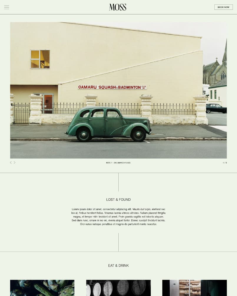 The Lost and Found page: a photograph of a green car outside the Oamaru Squash and Badminton Club, then an Eat and Drink row listing Aloft restaurant, Frogmore Creek winery and Ettie's wine and charcuterie room.