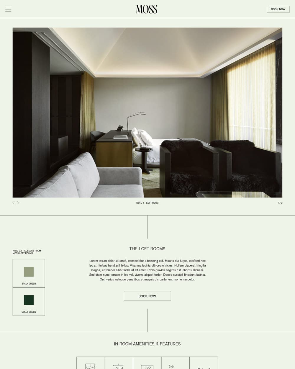 A single room page on the Moss site, with a large interior photograph and the room's detail beneath it.