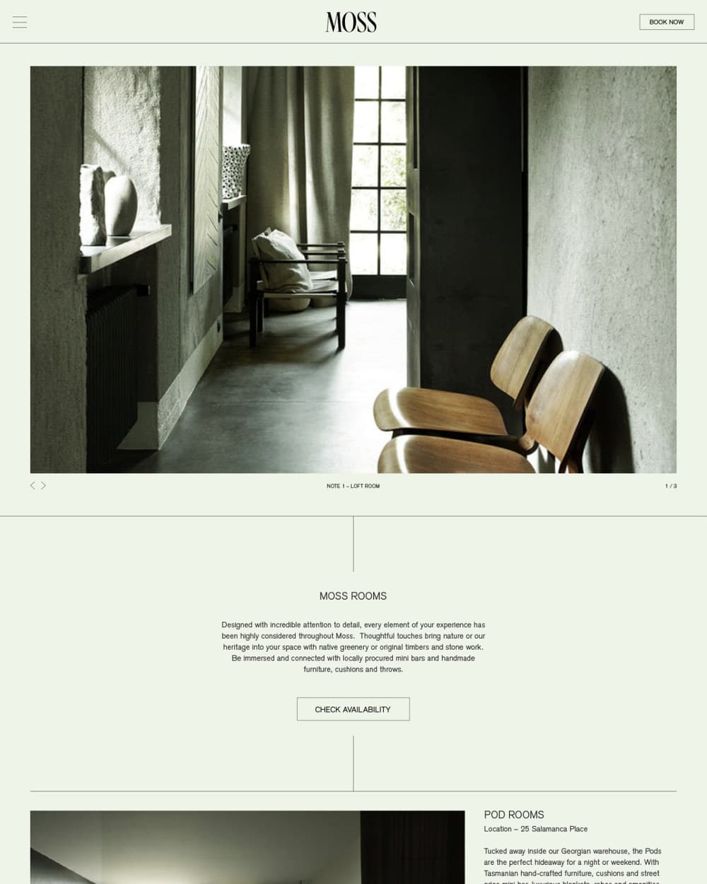 The Moss Rooms page: a full-width photograph of a loft room with stone walls and tall curtains, captioned 'Note 1, Loft room', above a paragraph and a Check Availability button.