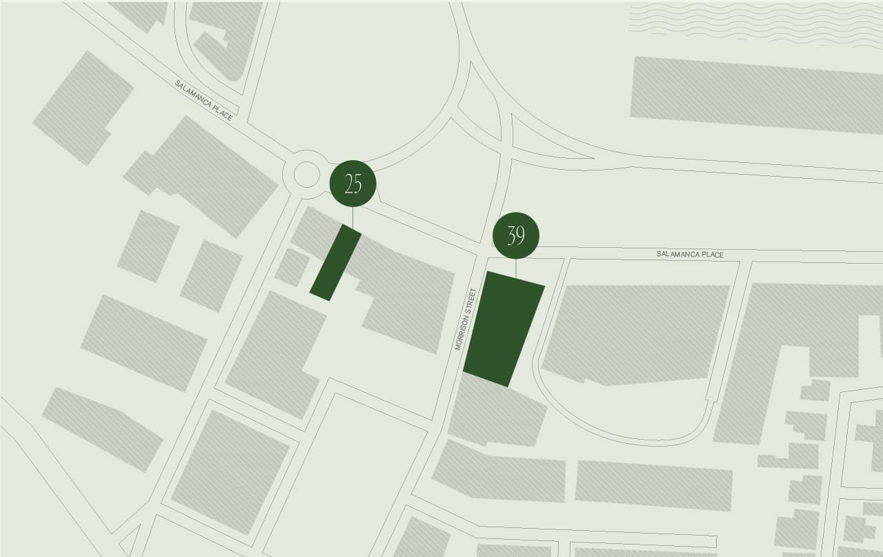 A drawn map of Salamanca Place with two buildings picked out in green and pinned 25 and 39, captioned 'Note 1, Moss locations, Salamanca Place, Hobart', under the heading 'Which building?'
