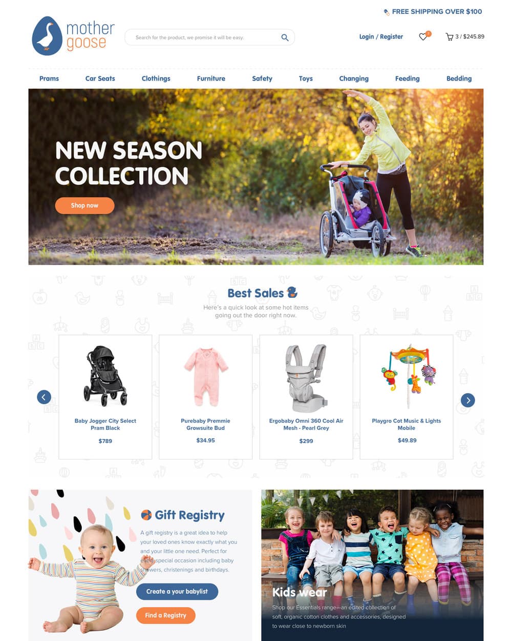 The Mother Goose homepage with a search field, nine category links from Prams to Bedding, and a grid of products.