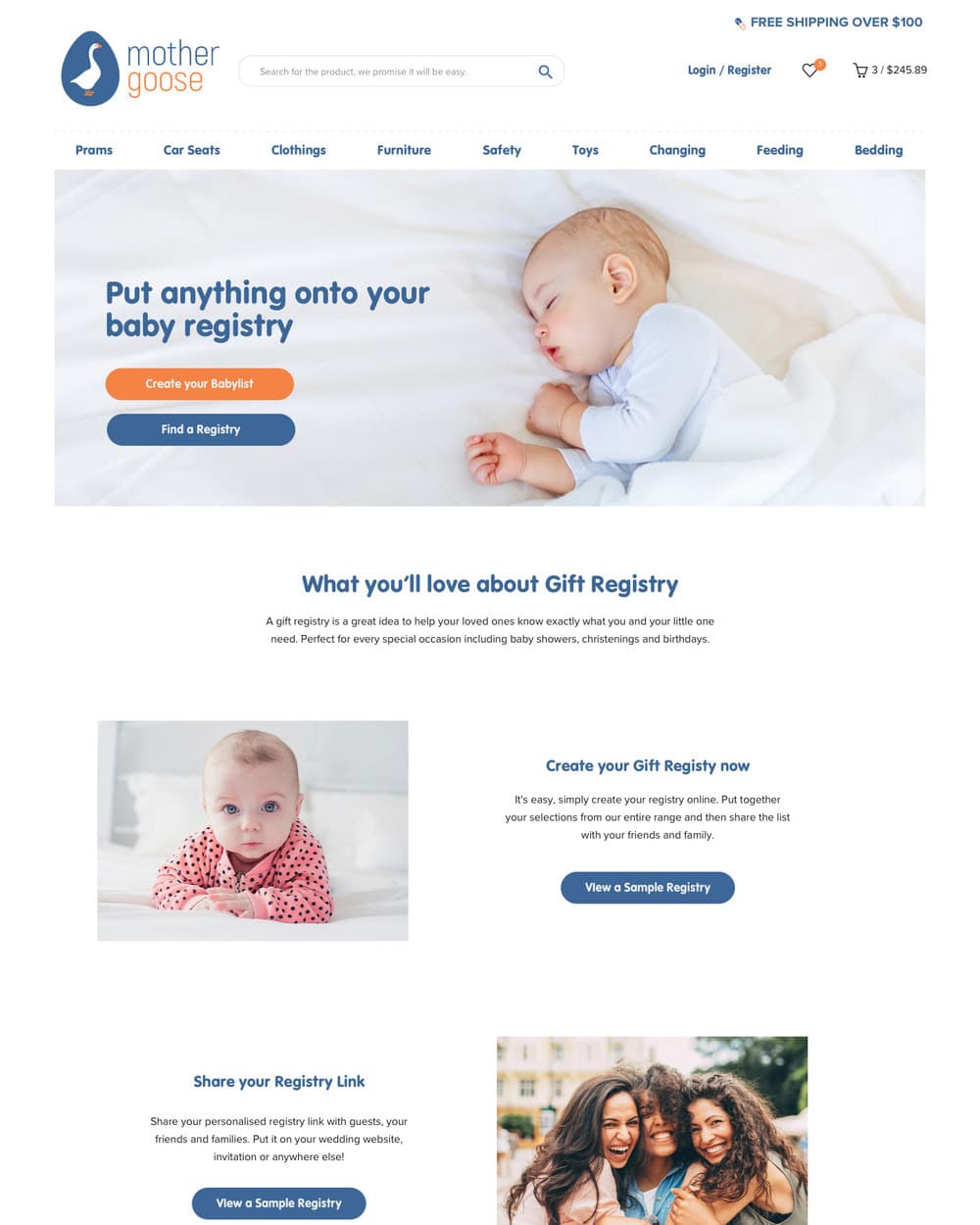 The gift registry page, headed 'Put anything onto your baby registry', with Create your Babylist and Find a Registry buttons, above a section explaining the registry.