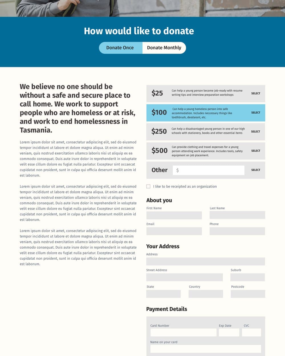The donate page with a Donate Once and Donate Monthly toggle, then a column of amounts ($25, $100, $250, $500 and Other), each with a sentence describing what it pays for, followed by name, address and payment fields.