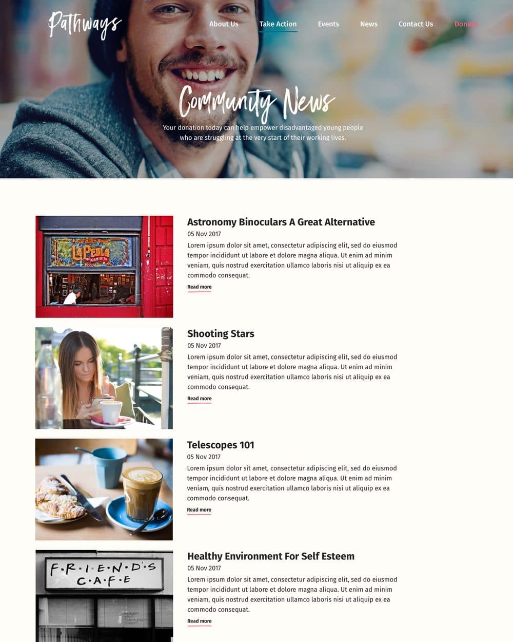 The Community News page, a dated list of articles each with a photograph, headline, standfirst and read-more link.