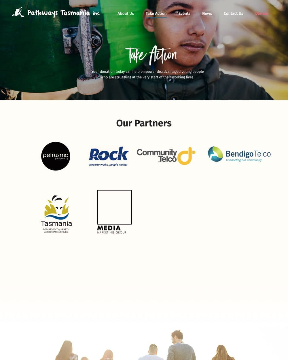 The Our Partners page showing corporate and government supporter logos including Petrusma Property, Community Telco, Bendigo Telco and the Tasmanian Department of Health and Human Services.