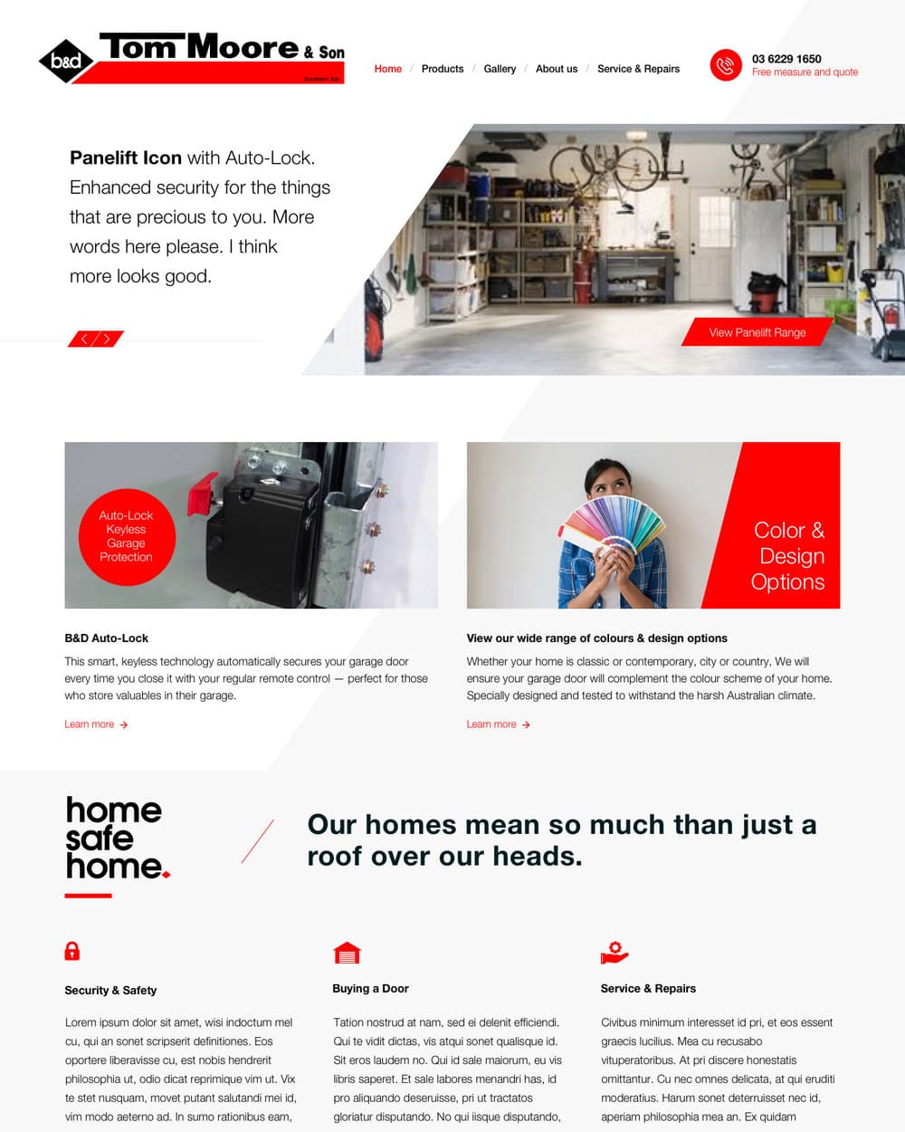 The homepage: a hero for the Panelift Icon with Auto-Lock, then panels for B and D Auto-Lock keyless protection and for colour and design options.
