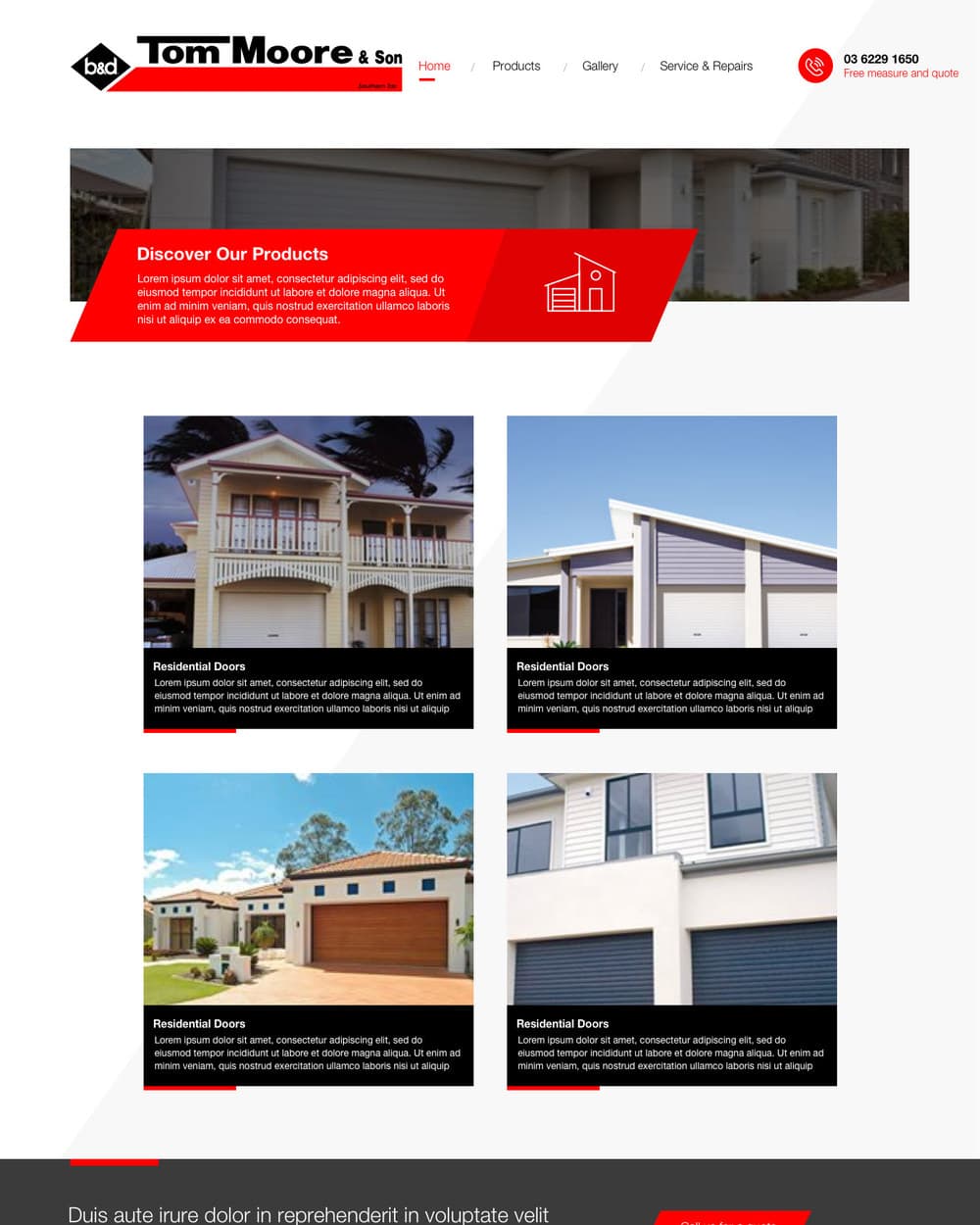 The products page showing the range of garage doors, each photographed fitted to a house with its name beneath.