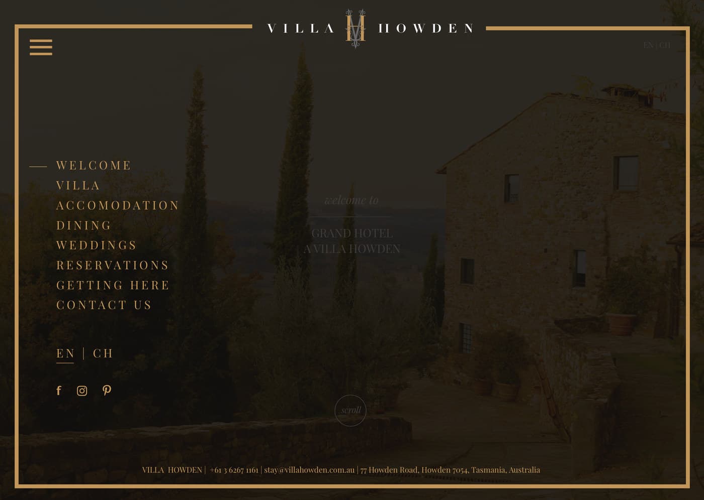 The overlay menu, listing Welcome, Villa, Accommodation, Dining, Weddings, Reservations, Getting Here and Contact Us, with an EN and CH language switch beneath.