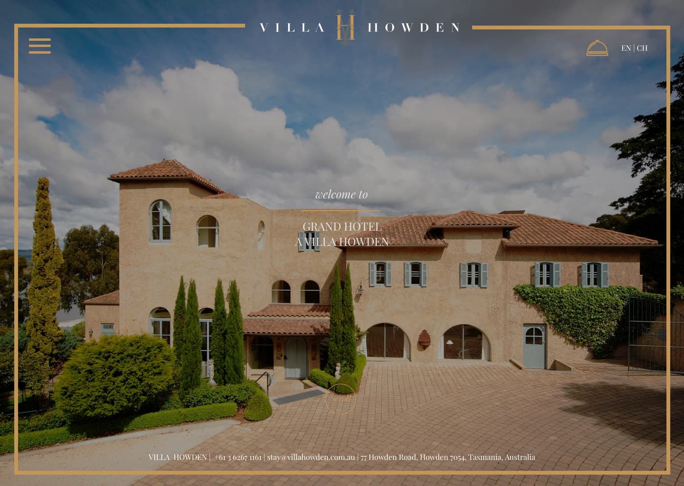 The welcome page: a full-bleed photograph of the villa, with 'Grand Hotel Villa Howden' set over it inside a gold rule, and the address and phone number along the bottom.