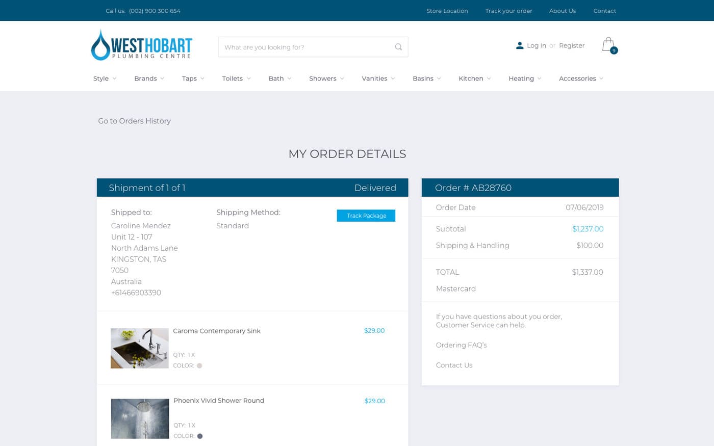 An account page showing order details, with line items, quantities, totals and delivery information.