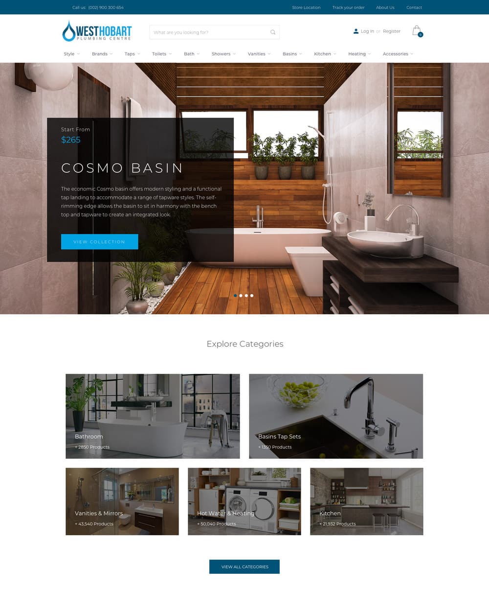 The West Hobart Plumbing Centre homepage: a top bar with phone number, store location and order tracking, eleven product categories, and a bathroom photograph promoting the Cosmo Basin from two hundred and sixty five dollars.