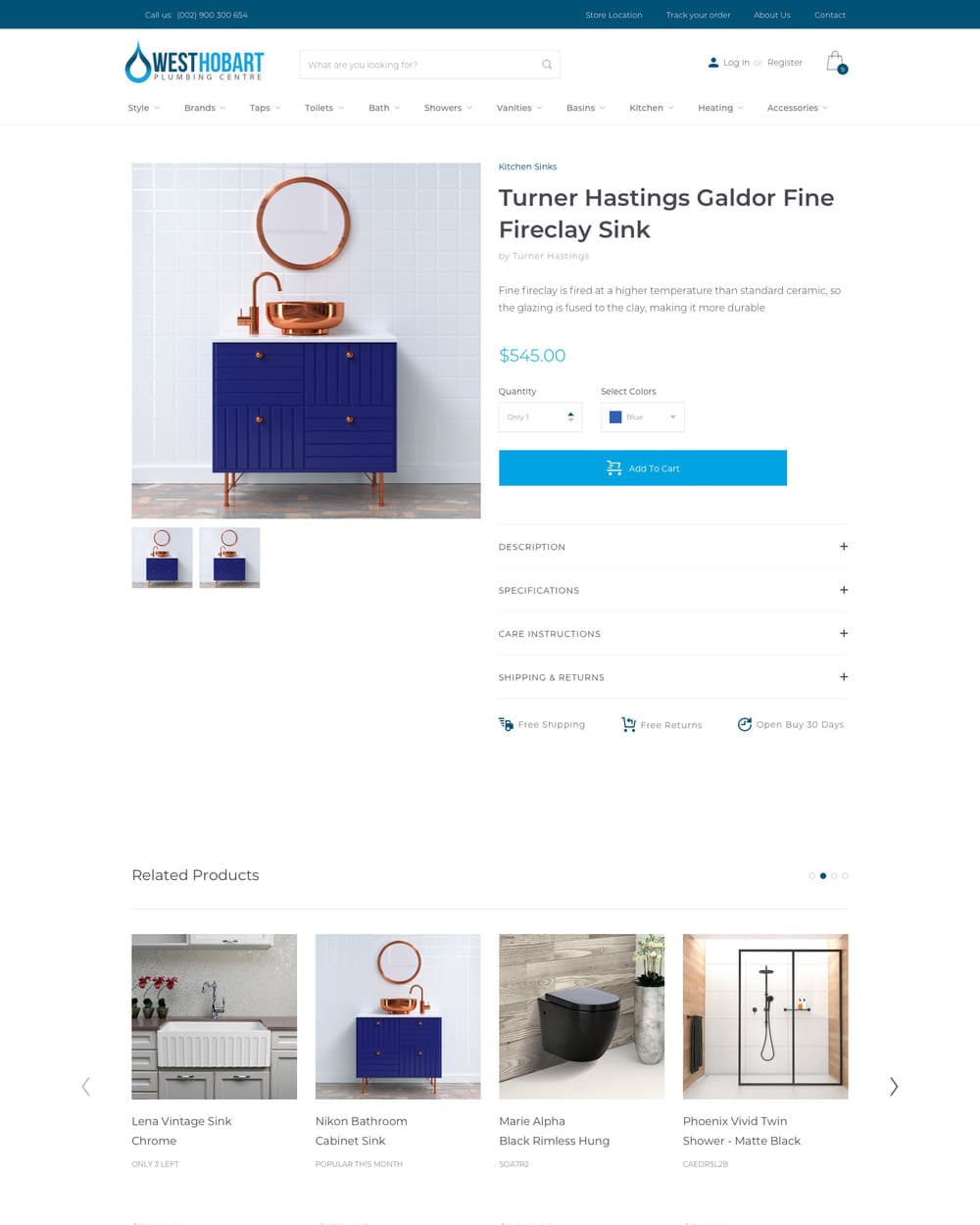 A product page for a bathroom fitting, with the item photographed, the price, specifications and an add to cart control.